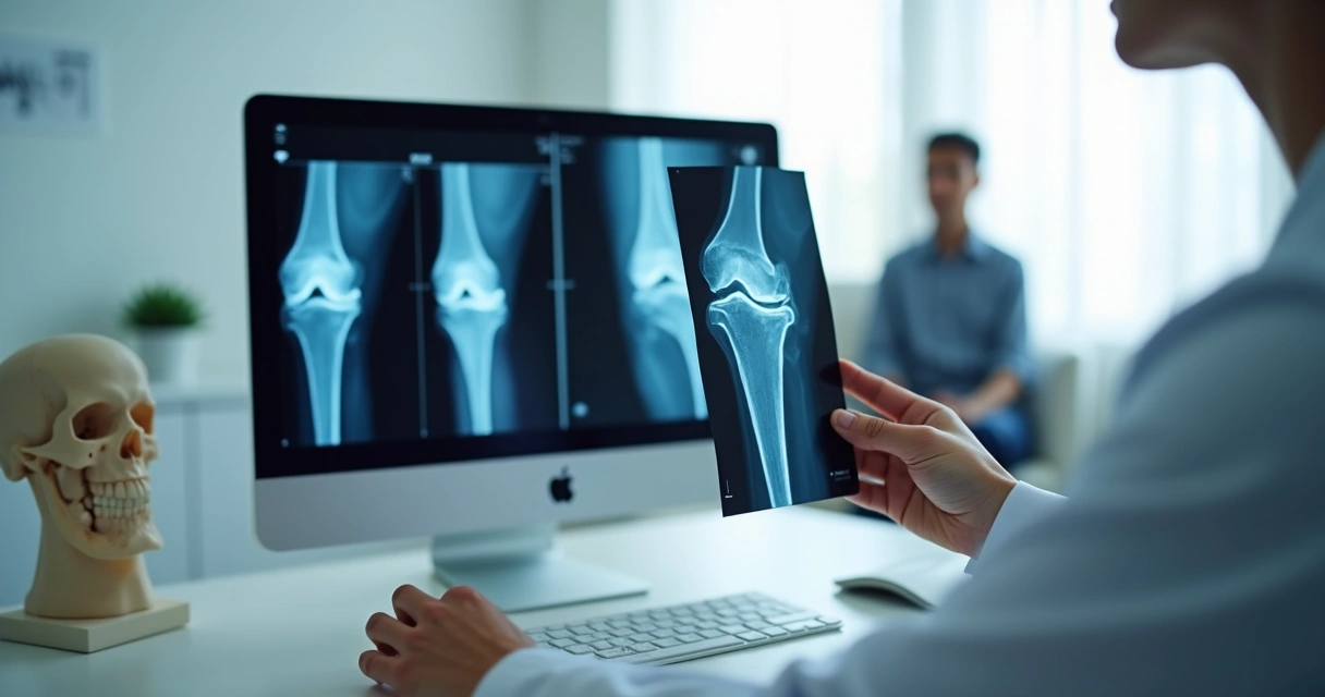 Radiografia de joelho sendo analisada em consulta 