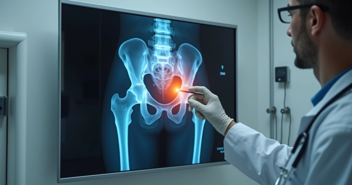 Radiografia de quadril destacando osteonecrose na cabeça do fêmur 