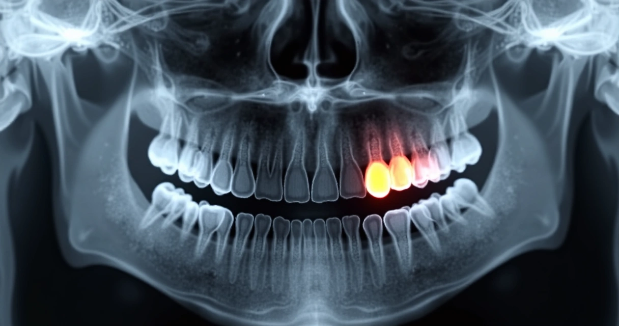Radiografia panorâmica mostrando dentes e estrutura óssea bucal