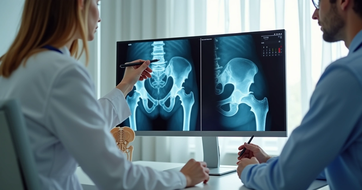 Radiografia de quadril sendo analisada em consulta 