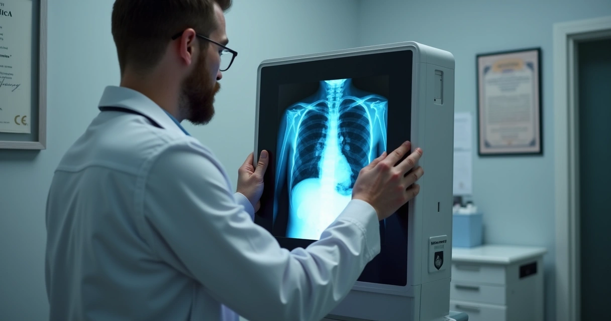 Radiografia de tórax sendo analisada por profissional de saúde ocupacional 