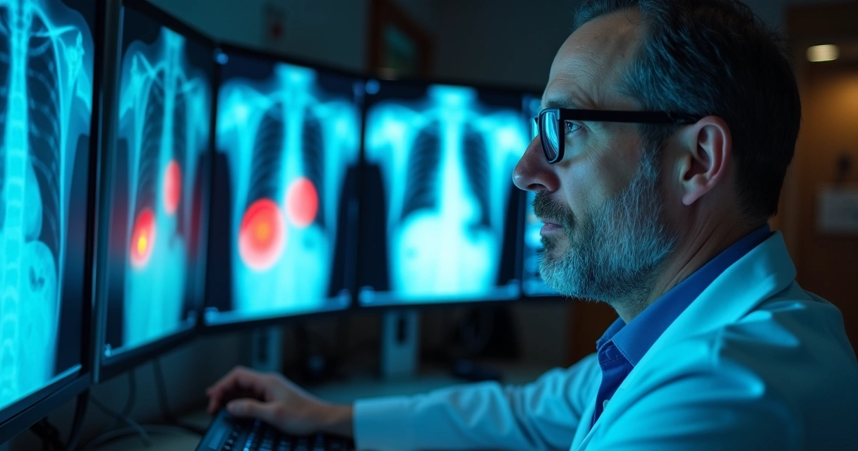 Radiologista analisa imagem médica com IA aplicando filtros 