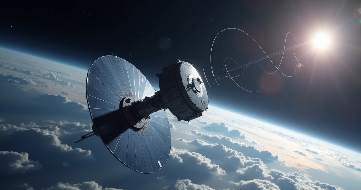 Satélite RadioAstron em órbita entre Terra e Lua com antena 