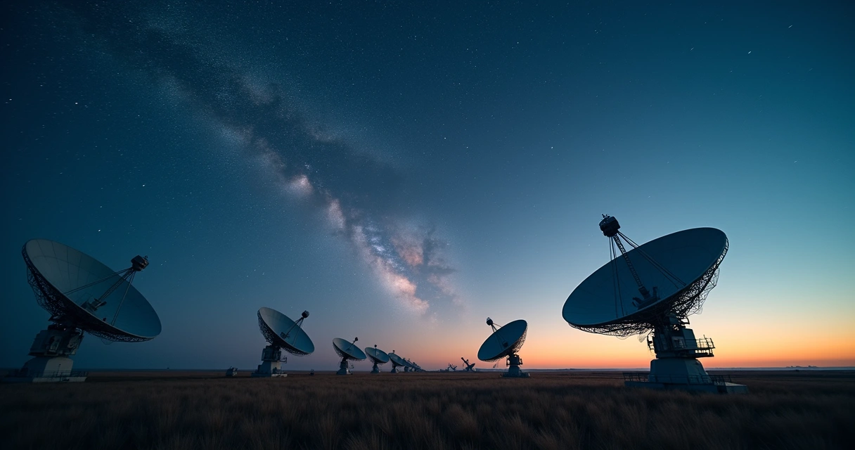 Radiotelescópios apontando para o céu à noite