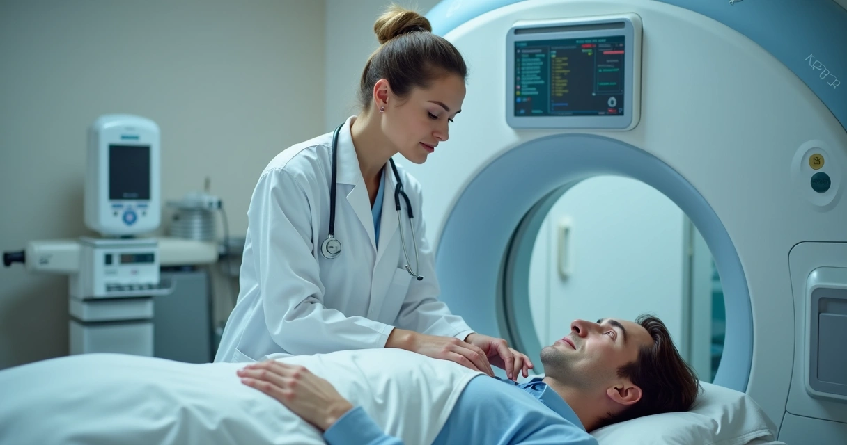 Médica radioterapeuta acompanhando paciente em clínica durante tratamento