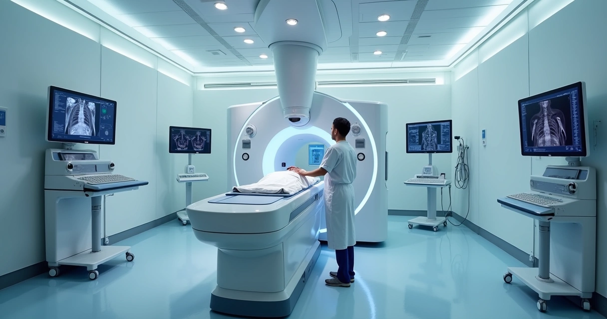 Radioterapeuta ajustando equipamento de radioterapia em sala clínica moderna 