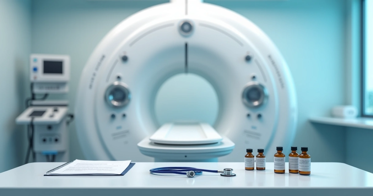 Máquina de radioterapia em sala clínica e frascos de quimioterapia sobre bancada branca 