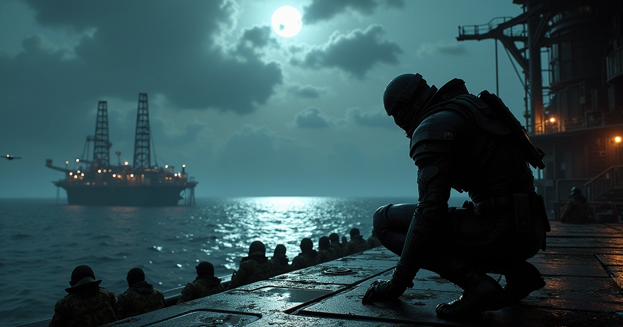 Raiden stealthily navigates an oil platform at night, tense atmosphere with industrial details and stormy skies.