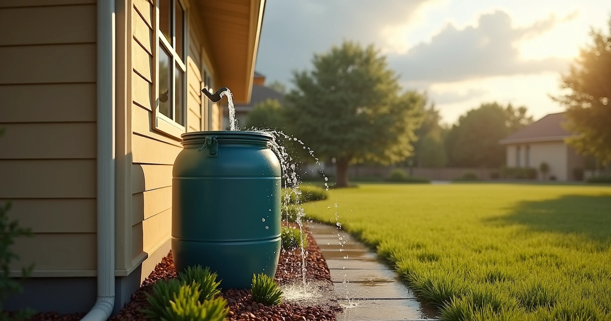 Rain barrel collecting water from Texas house gutter during cloudy day 