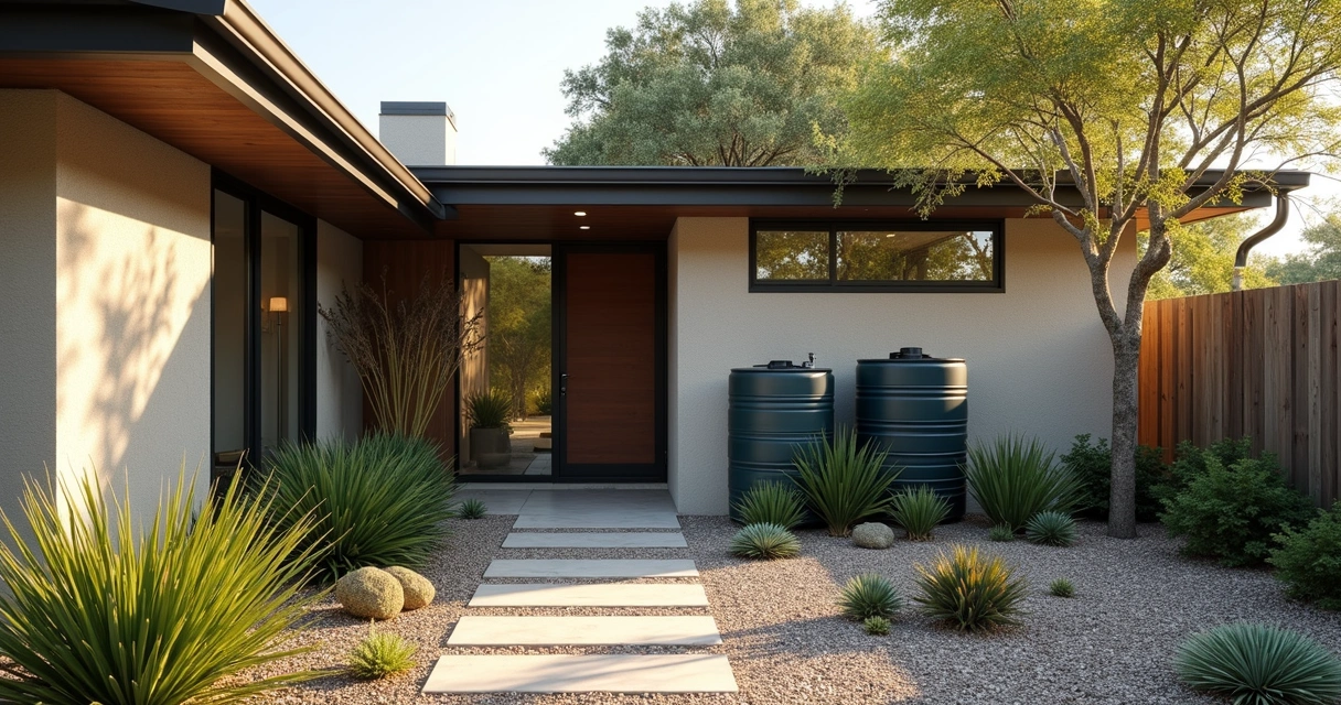 Rain barrels next to native plant beds in small modern garden 