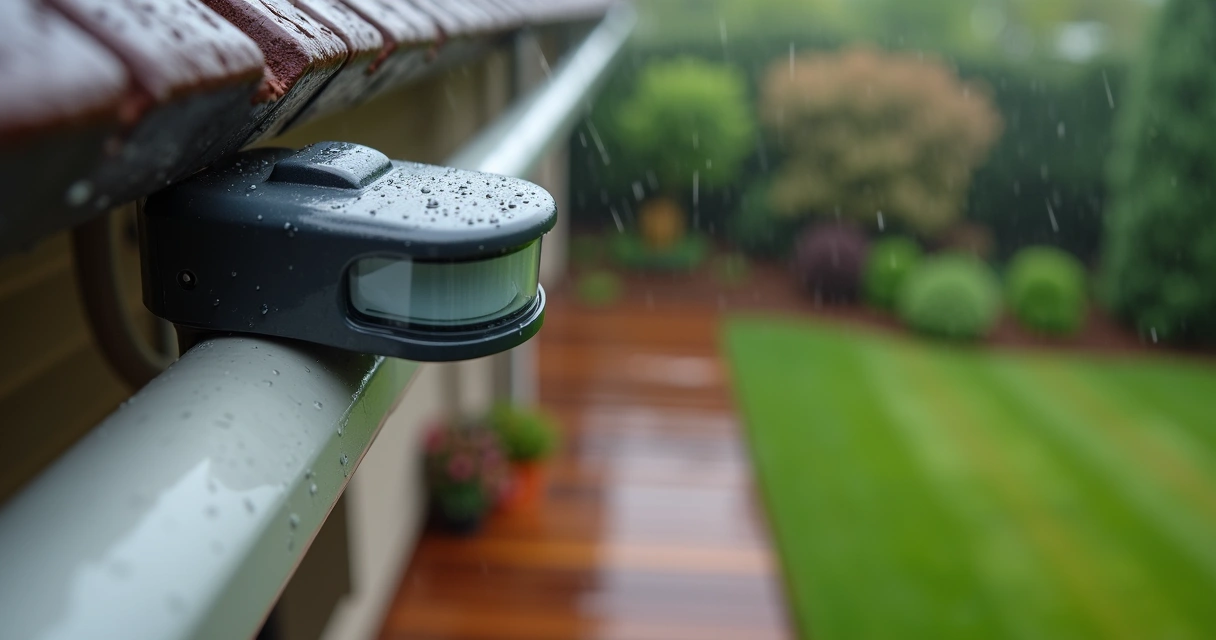 Close-up of a rain sensor attached to a gutter 
