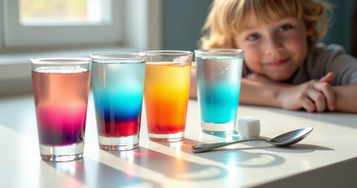 Four clear glasses with layered colored water creating a rainbow effect