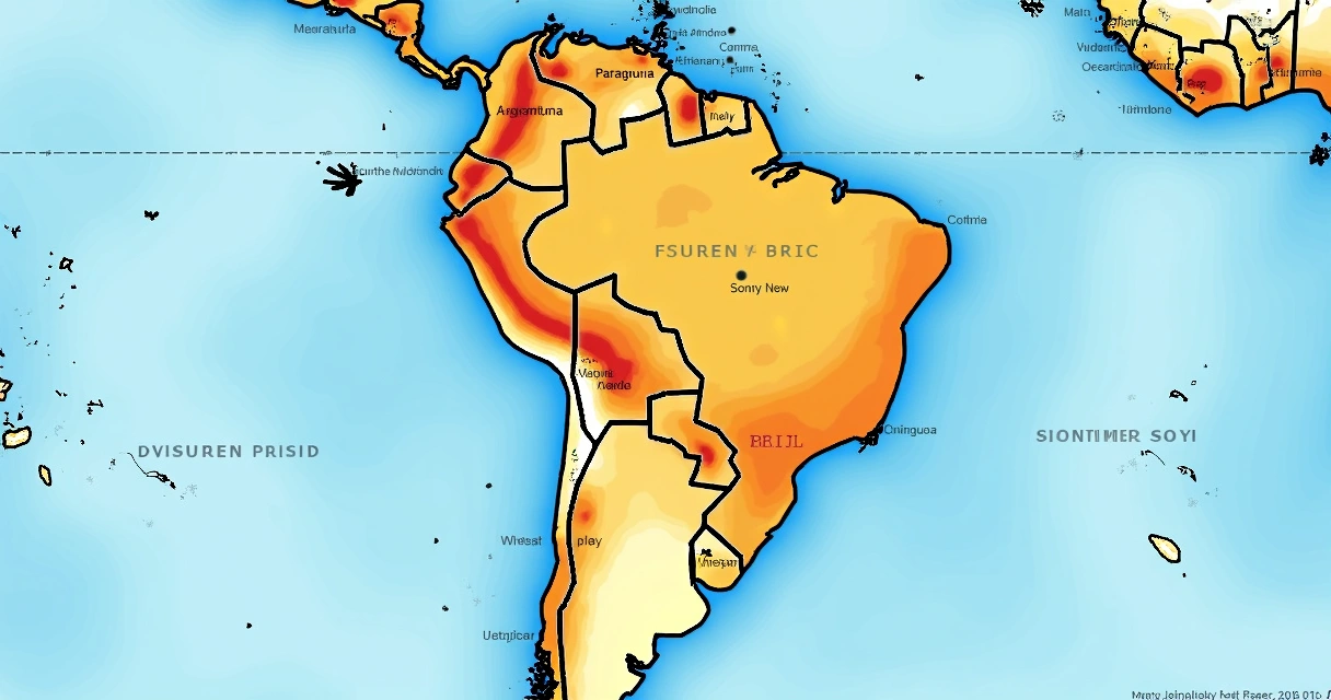 Map of South America with highlighted regions indicating above and below-average rainfall zones 