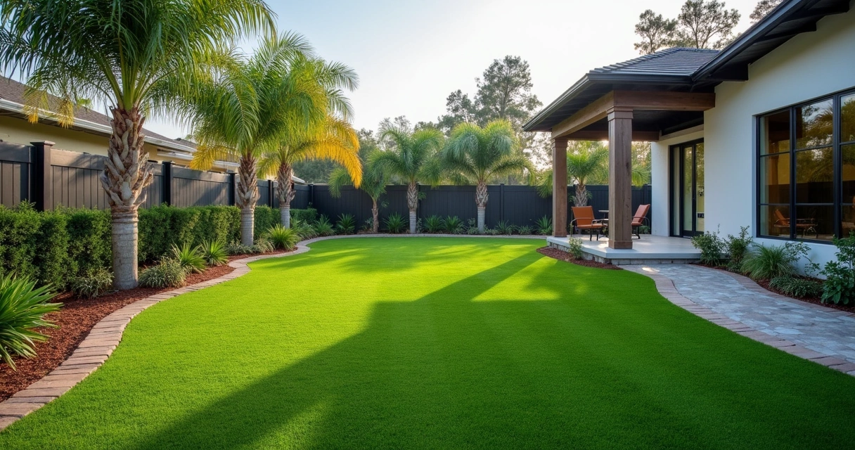 Artificial turf backyard in Florida after rain with no puddles
