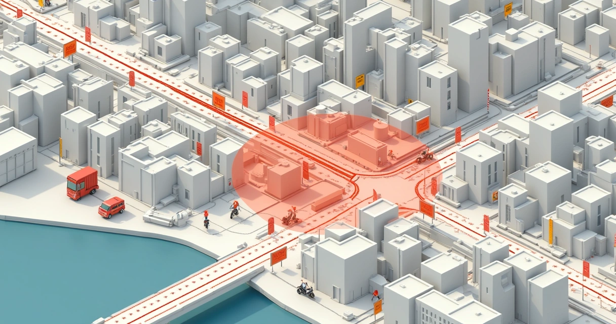 Mapa ilustrado mostrando raio de entrega em diferentes bairros e rotas de delivery 