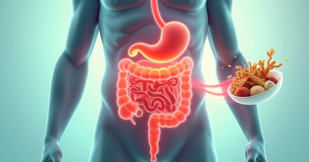 Raio x ilustrado do abdome mostrando inflamação após alimentos gordurosos 
