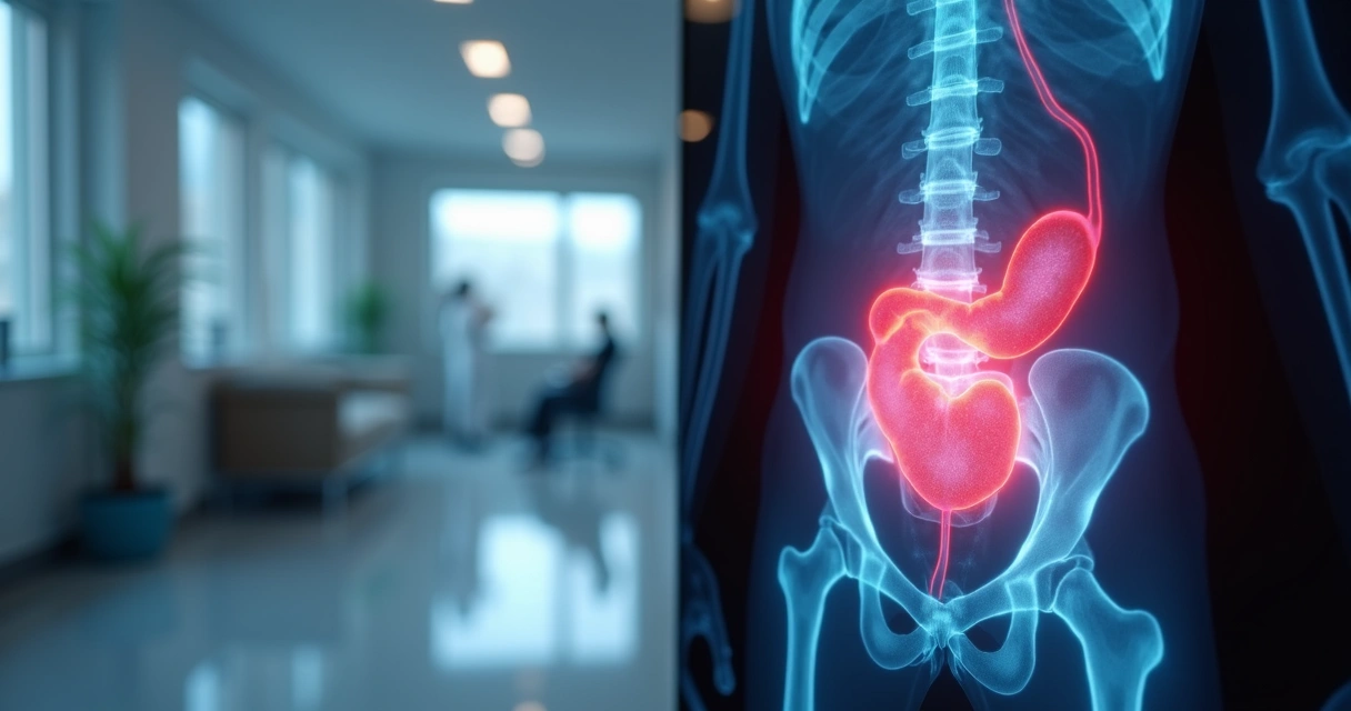 Imagem de raio-x mostrando bexiga com área destacada 