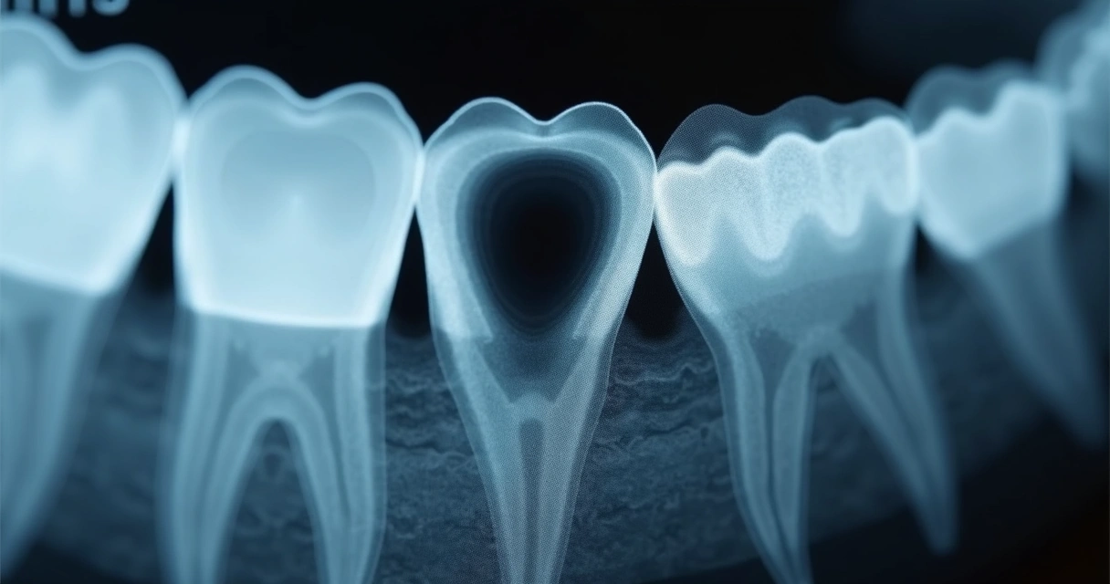Raio X de dentes mostrando cárie oculta e estrutura dental 
