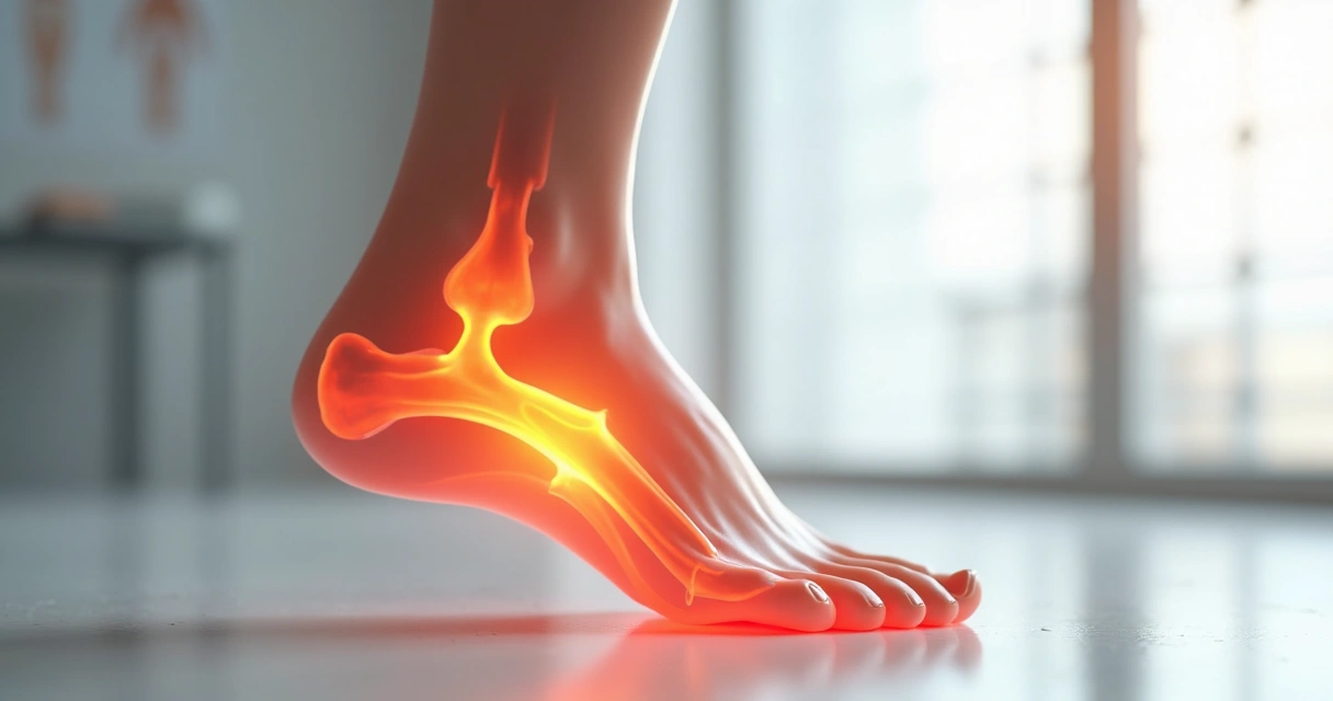 Ilustração médica de pé adulto mostrando em destaque a fáscia plantar inflamada no calcanhar 