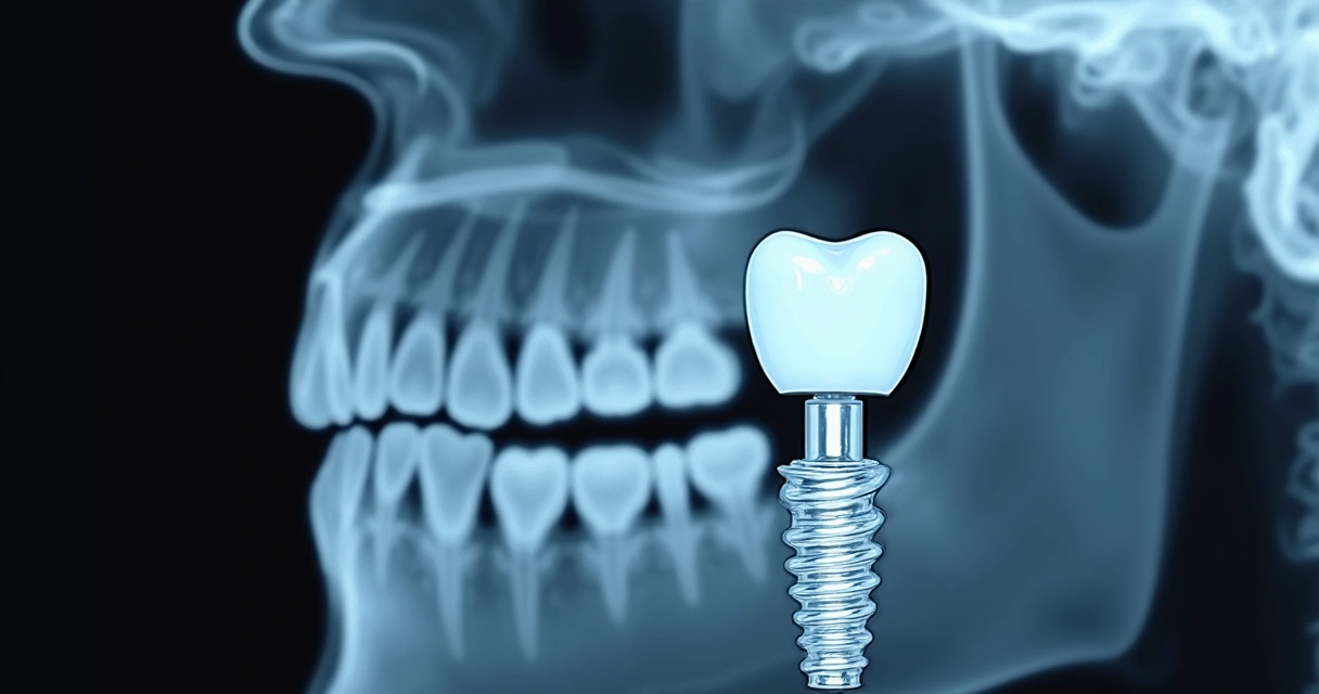 Radiografia de implante dentário mostrando osso e prótese 