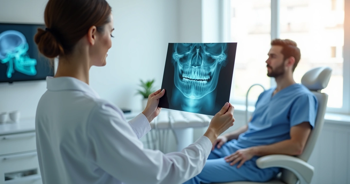 Dentista segura raio X com área de implante em foco em consultório moderno 