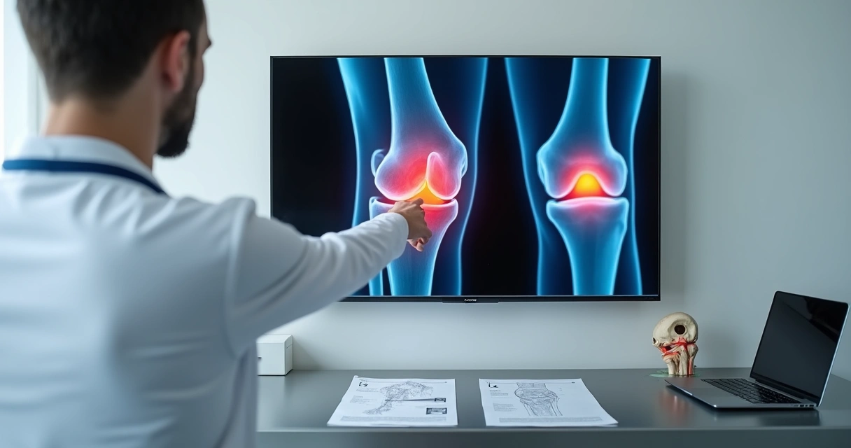 Joelho com destaque em vermelho no menisco lesionado em exame médico 