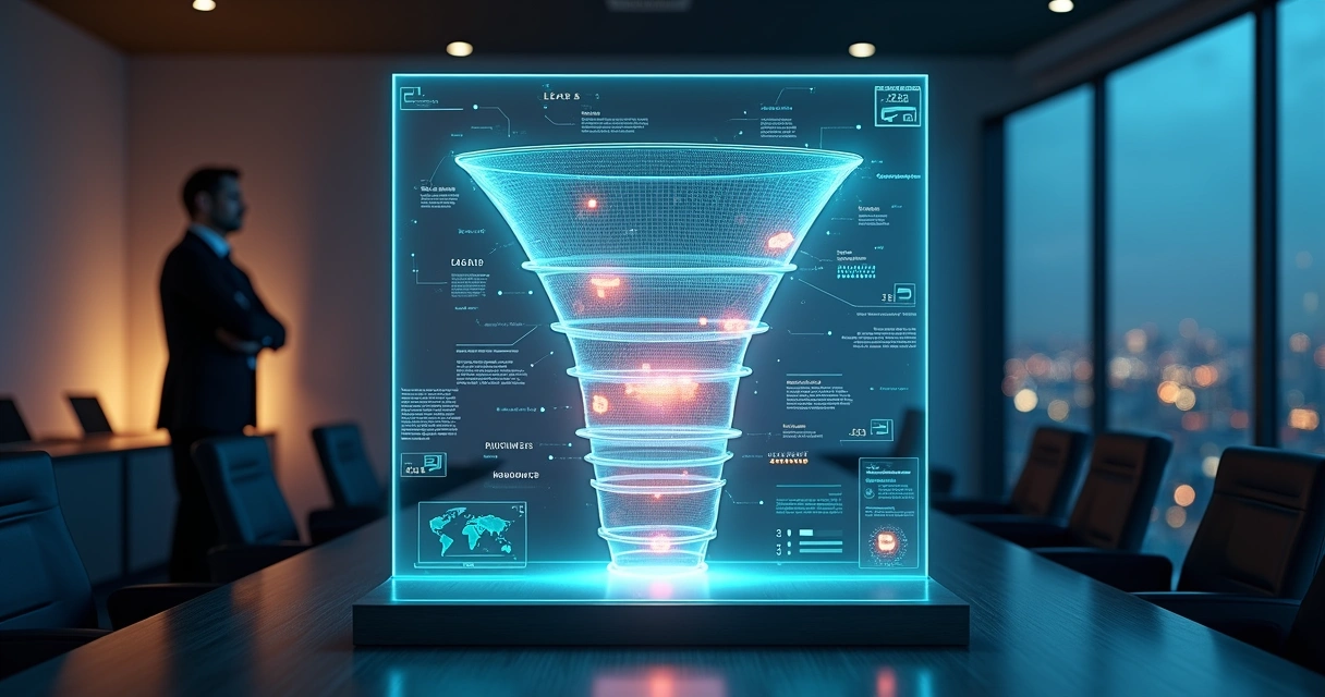Painel transparente em formato de raio X revelando gargalos no funil de vendas B2B 