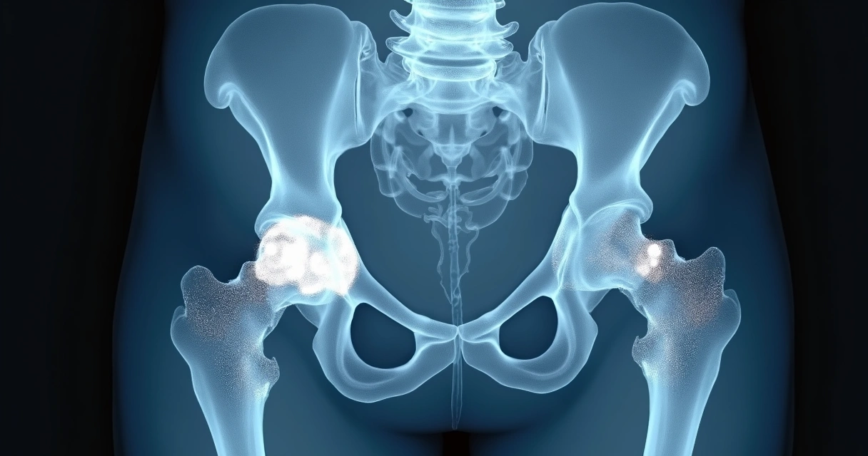Exame de raio-x mostrando quadril com sinais de desgaste em idoso 