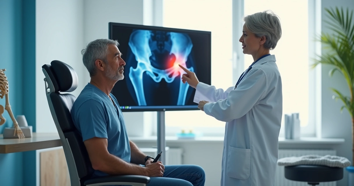 Paciente observa exame de quadril com médico mostrando área de osteonecrose no consultório 