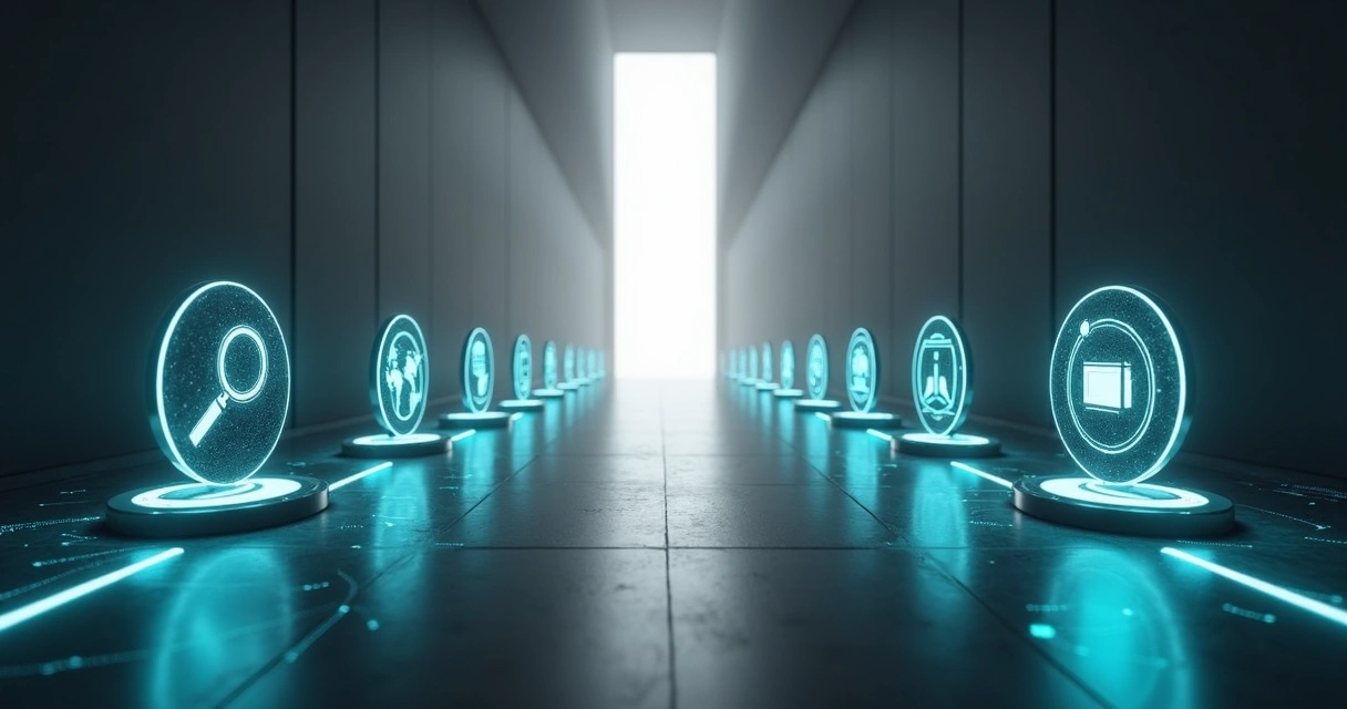 Corredor escuro com ícones de canais de marketing iluminados por raios de luz 