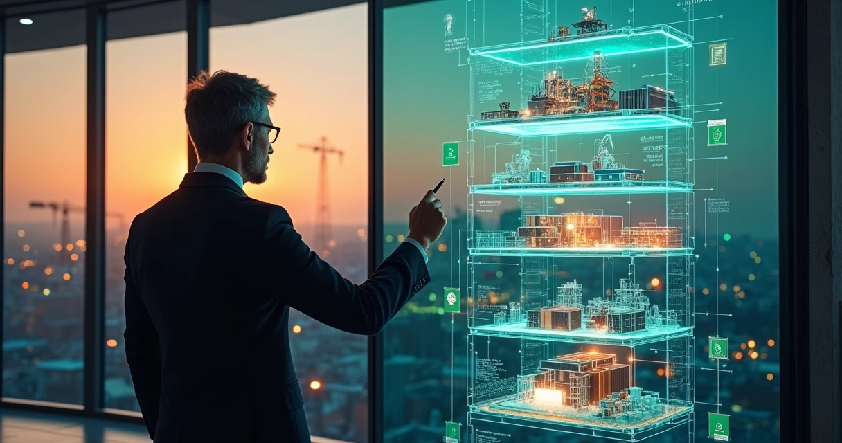 Executivo analisa estrutura industrial em painel com camadas de dados fiscais ocultos 