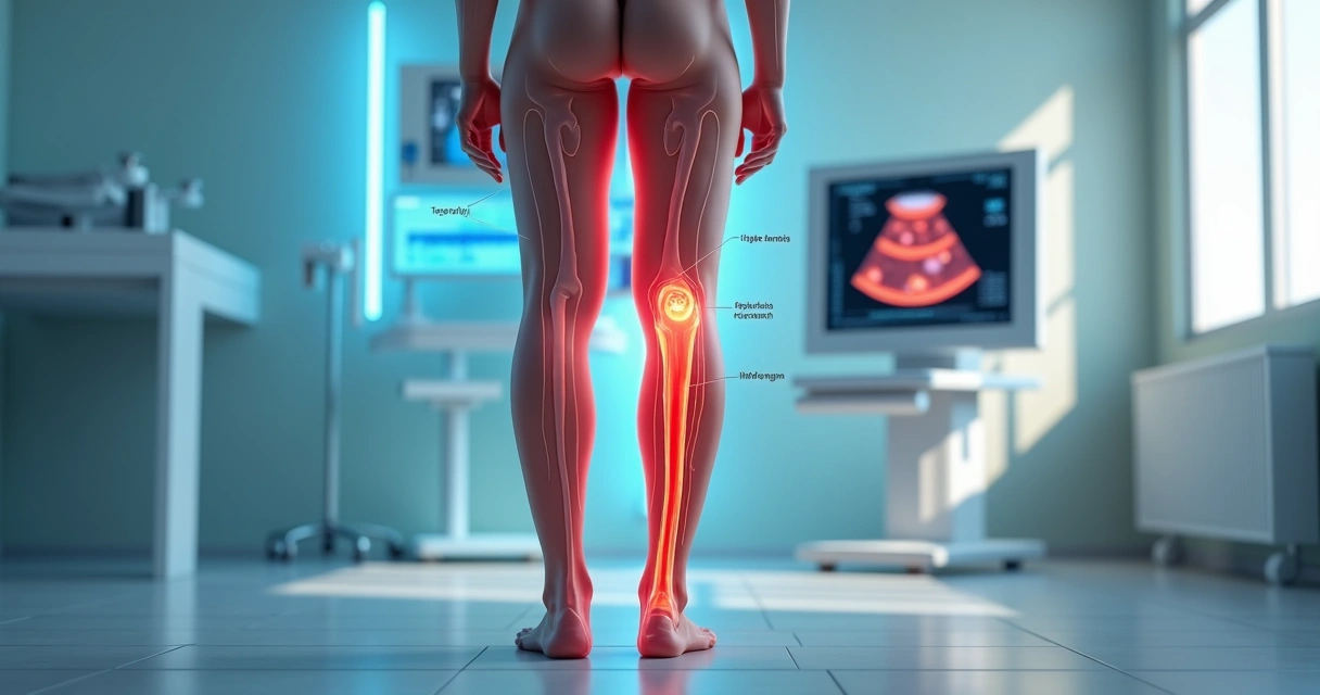 Renderização médica mostrando pernas com veias destacadas e área de trombose em vermelho 