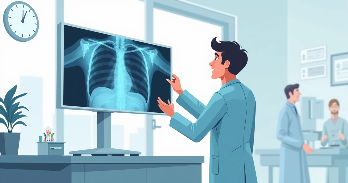 Médico revisando radiografia torácica com infiltração pulmonar visível 