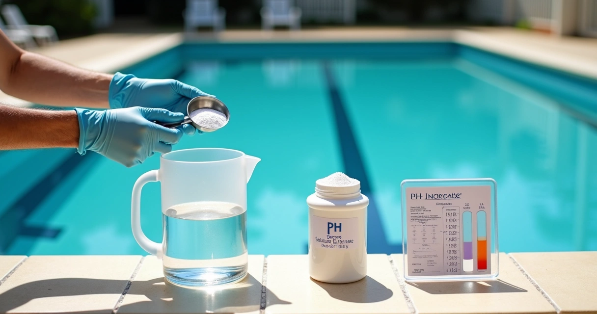 Person measuring powder to raise pool pH beside tiled pool edge 