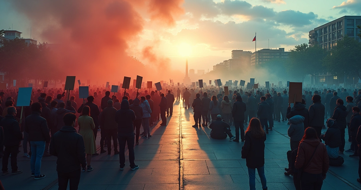Multidão dividida entre protesto agressivo e diálogo ético em uma praça pública 