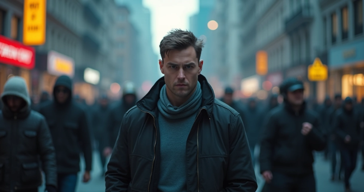 Pessoa em meio à multidão com expressão contida de raiva e tensão interna 