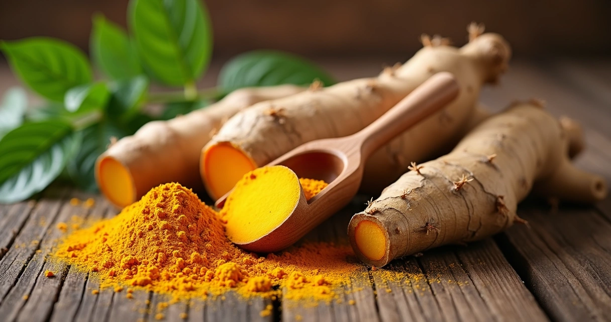 Cúrcuma fresca e em pó ao lado de raízes cortadas em uma mesa rústica. 