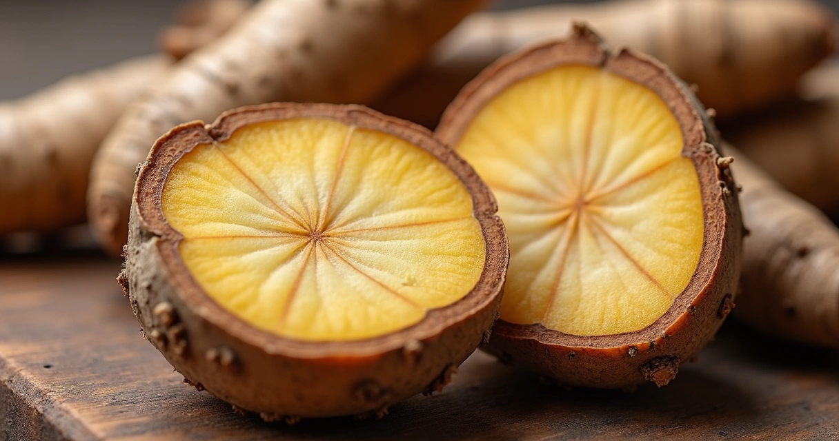 Raiz da maca peruana fresca cortada ao meio em uma superfície de madeira 