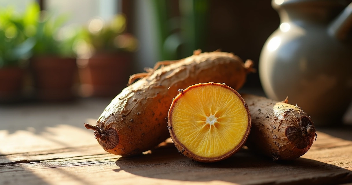 Raiz de maca peruana com detalhes da textura exposta em fundo natural 
