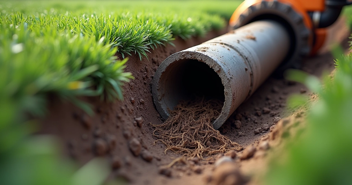 Raízes dentro de um cano de esgoto sendo removidas por equipamentos especializados