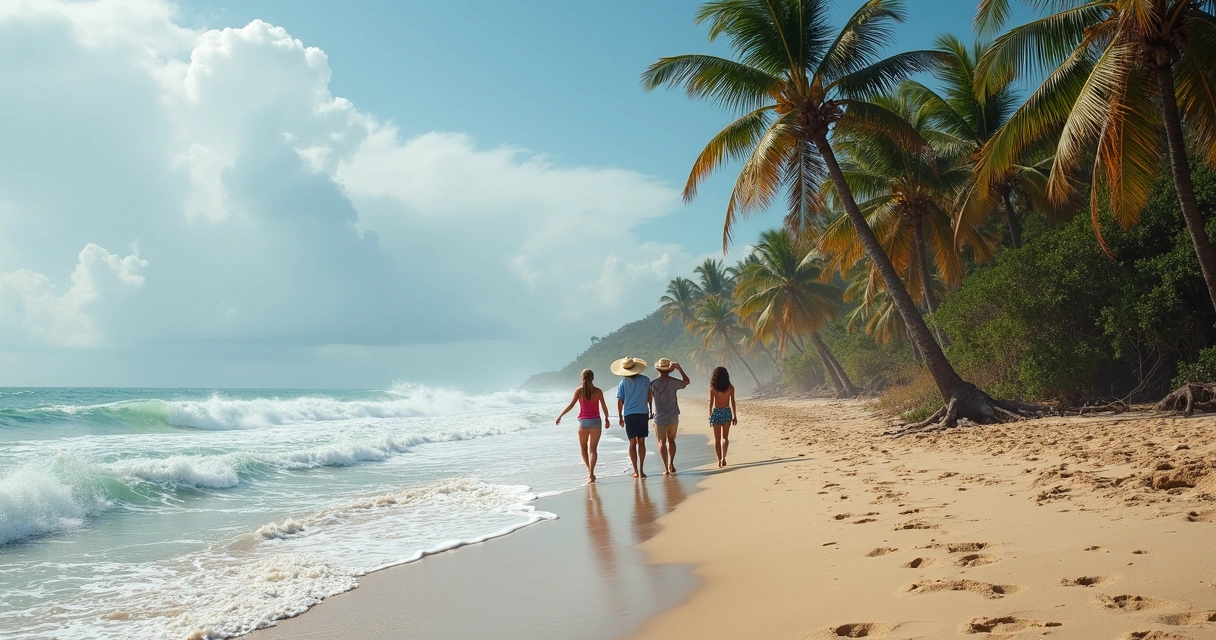 Rajadas de vento na praia com pessoas segurando chapéus.