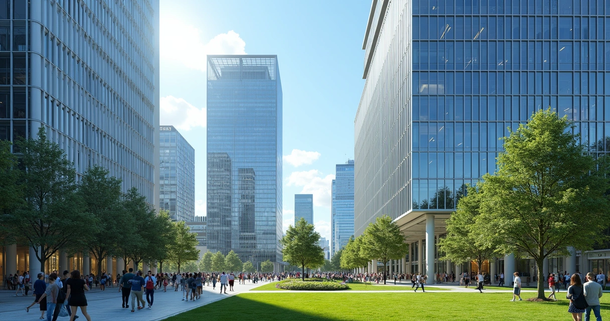 Modern tech buildings in Raleigh with busy workers and green spaces 