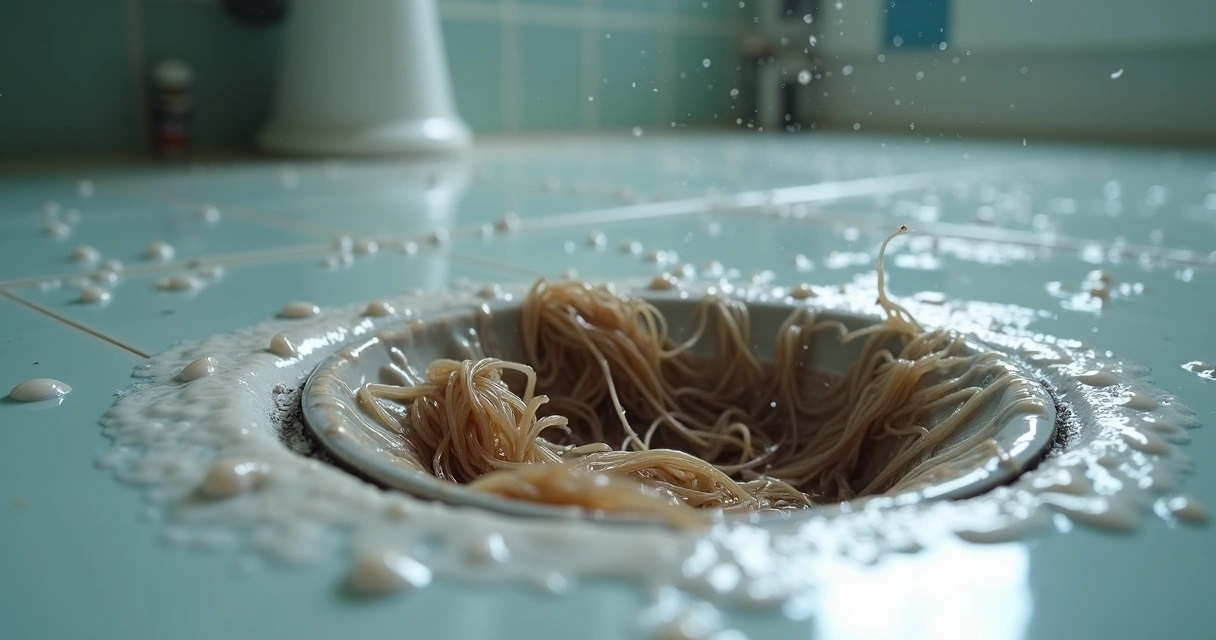 Ralo de banheiro entupido com cabelo e água acumulada 