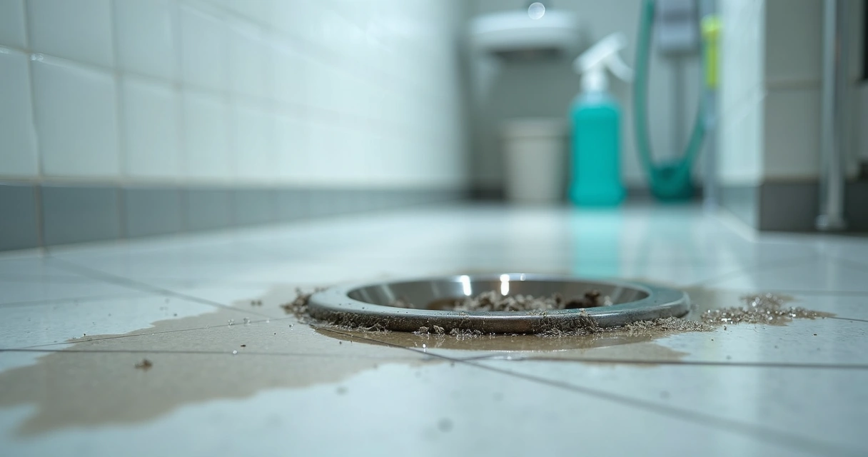 Ralo de clínica veterinária com pelos e água acumulada 