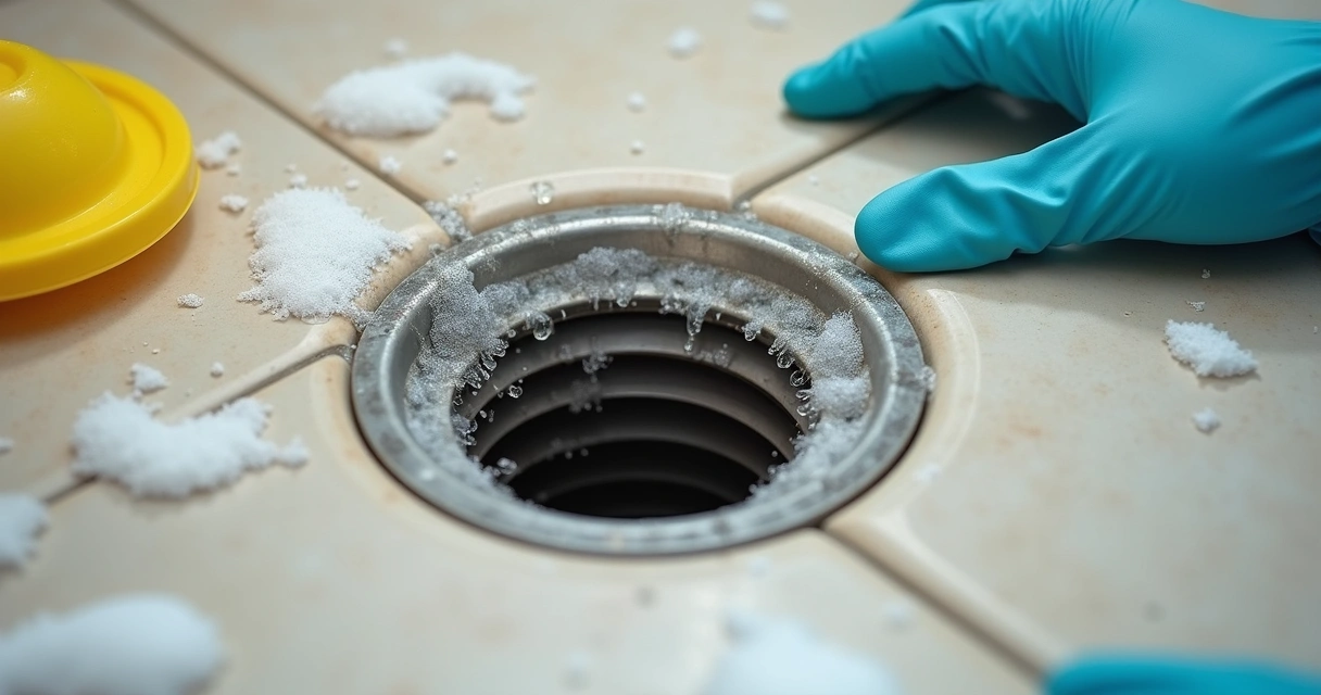 Ralo de banheiro com acúmulo de cabelos e sabão ao redor