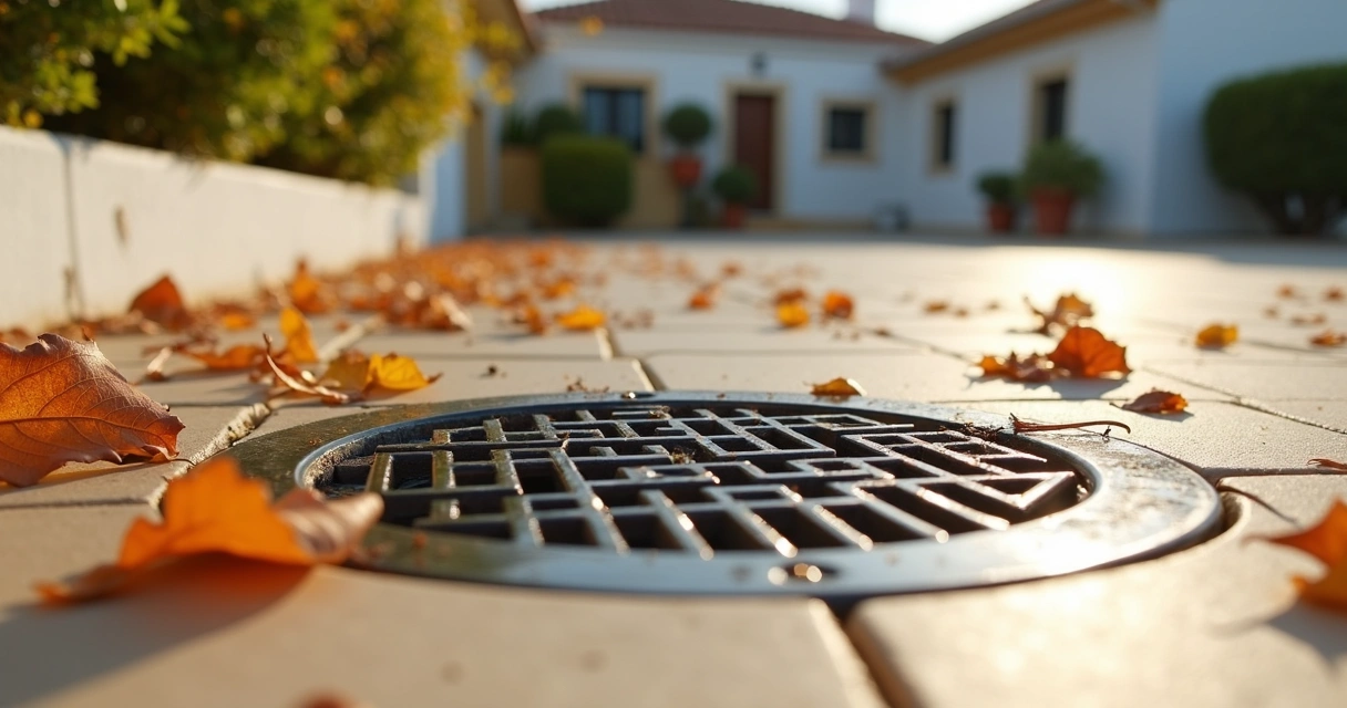Ralo exterior de chão com grelha protegida e folhas à volta 