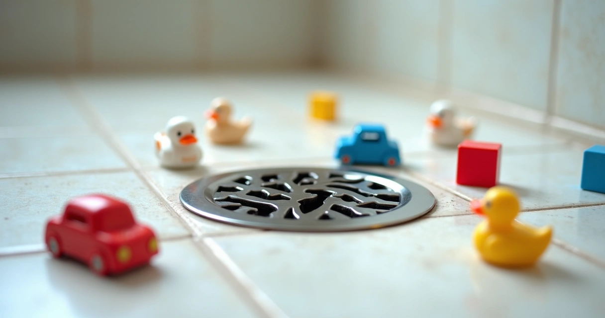 Grelha de ralo com brinquedos à volta 