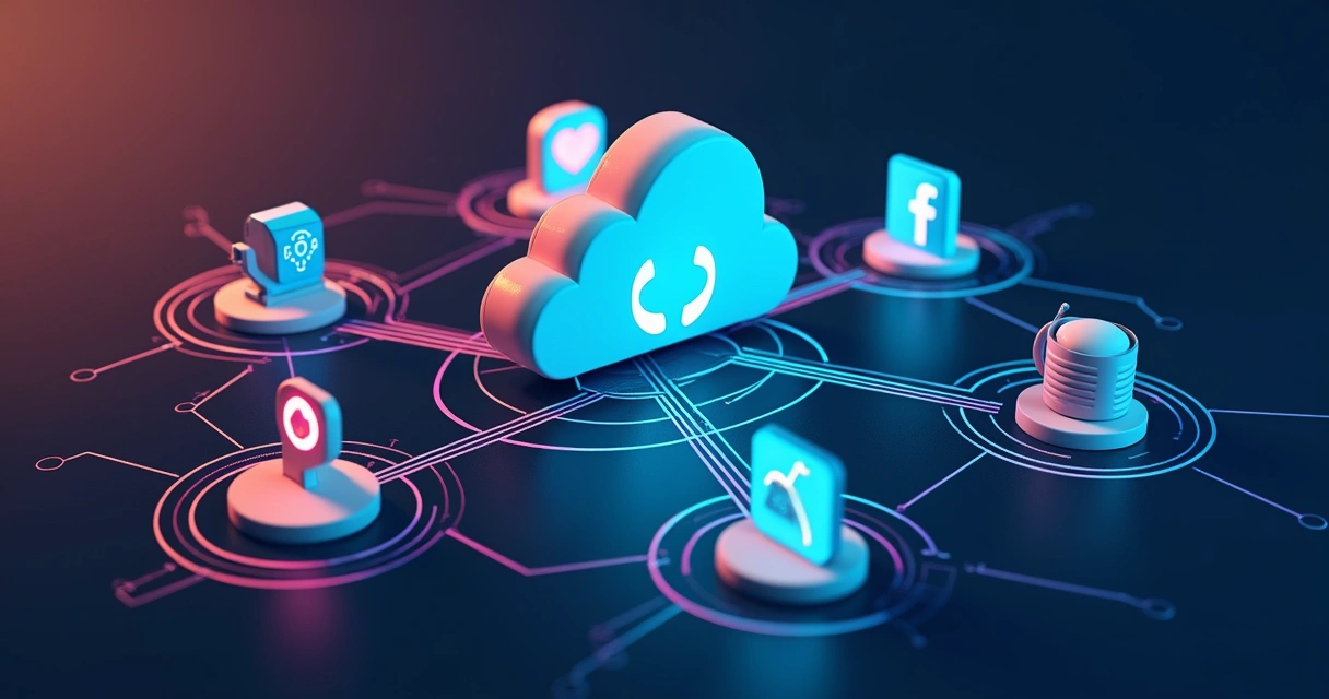 Diagrama colorido de integração entre ramais digitais e aplicativos em nuvem 