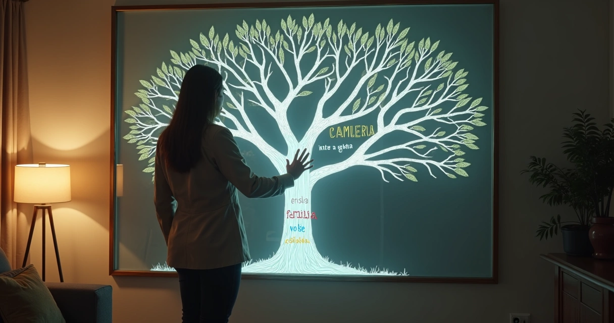 Persona observando árbol familiar con ramas llenas de palabras tachadas 