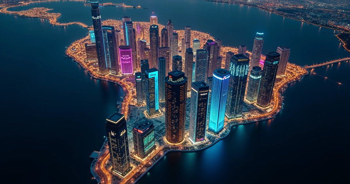 Mapa do Brasil noturno formado por fachadas de agências de branding iluminadas 